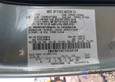 2005 Mercury Grand Marquis Ls/Lse from USA, damaged, VIN 2MEFM75W75X638144